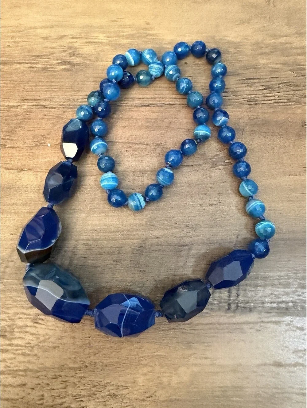 Blue Banded Agate Beaded Necklace Faceted Graduated Gemstone Necklace 925 28”